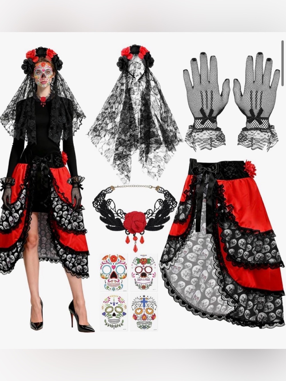 Day of the Dead Red and Black Skirt & Veil Costume Set